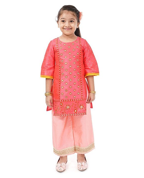 Babyhug Full Sleeve Kurti Embroidered - Coral