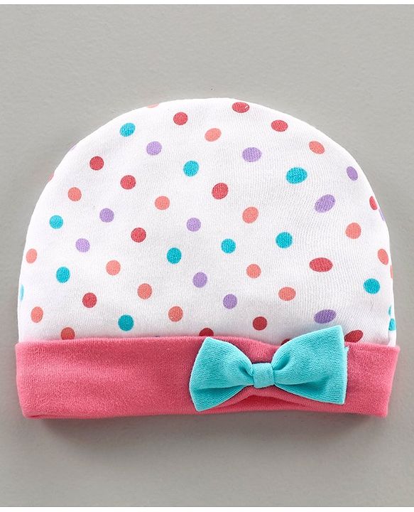 Babyhug 100% Cotton Printed Cap & Mittens With Booties White Pink - Diameter 11 cm