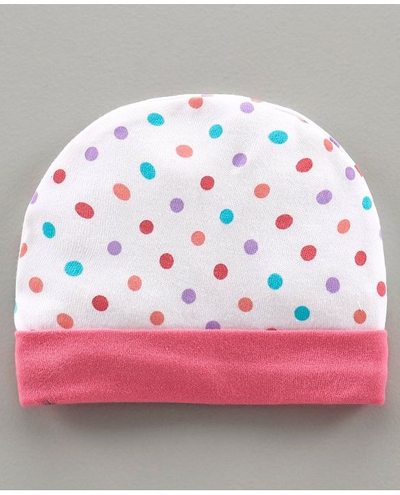 Babyhug 100% Cotton Printed Cap & Mittens With Booties White Pink - Diameter 11 cm