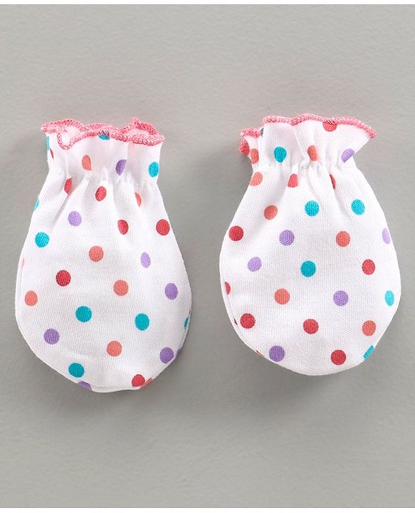 Babyhug 100% Cotton Printed Cap & Mittens With Booties White Pink - Diameter 11 cm