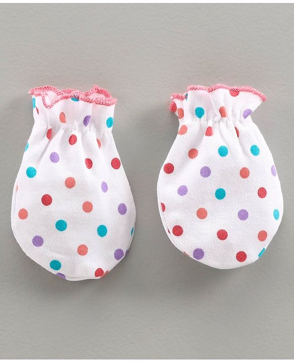 Babyhug 100% Cotton Printed Cap & Mittens With Booties White Pink - Diameter 11 cm