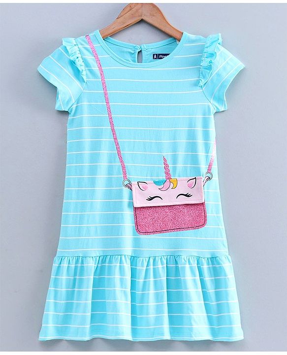 Pine Kids Half Sleeves Knee Length Biowashed Frock Sling Bag Print - Blue