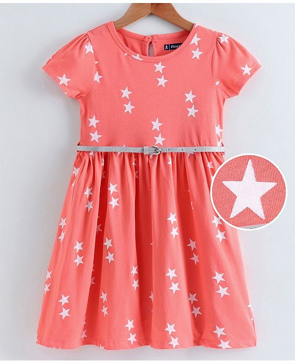 Pine Kids Half Sleeves Knee Length Biowash Frock With Glitter Belt Star Print - Orange