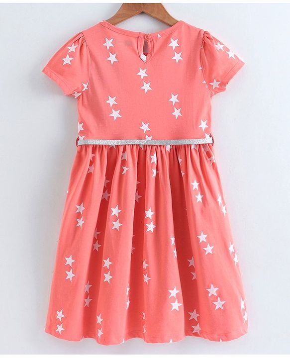 Pine Kids Half Sleeves Knee Length Biowash Frock With Glitter Belt Star Print - Orange