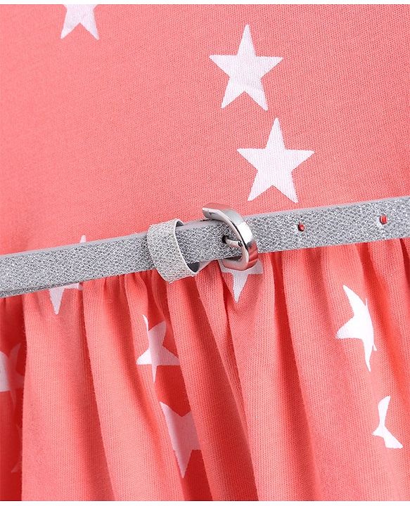 Pine Kids Half Sleeves Knee Length Biowash Frock With Glitter Belt Star Print - Orange