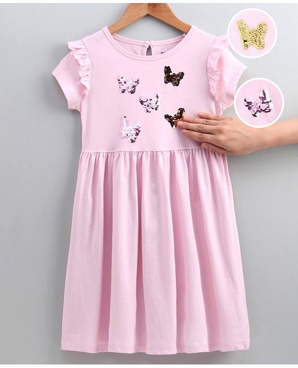 Pine Kids Half Sleeves Reversible Sequins Embroidery Biowash Frock- Pink