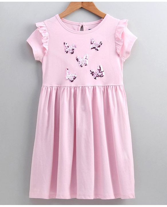 Pine Kids Half Sleeves Reversible Sequins Embroidery Biowash Frock- Pink