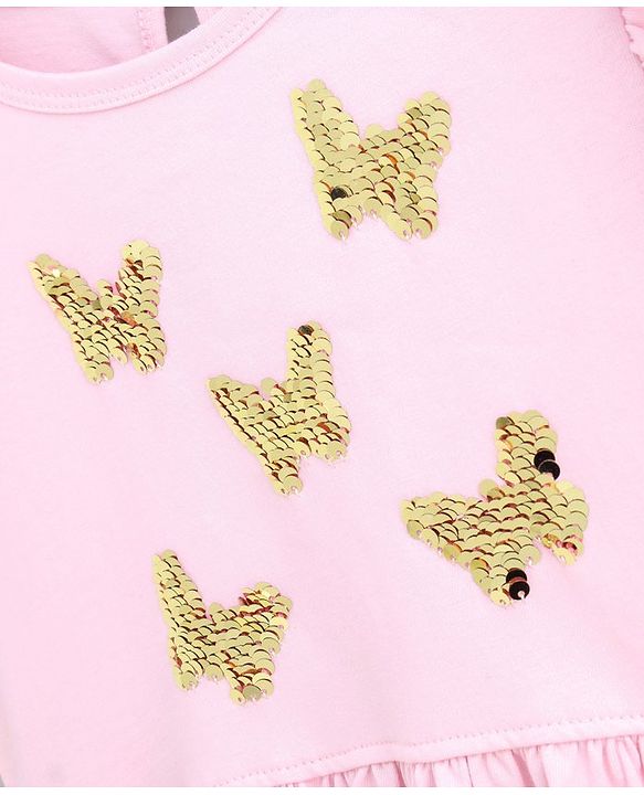 Pine Kids Half Sleeves Reversible Sequins Embroidery Biowash Frock- Pink