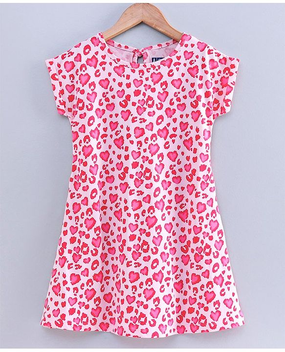 Pine Kids Short Sleeves Knee Length Biowashed Frock Heart Print - Pink