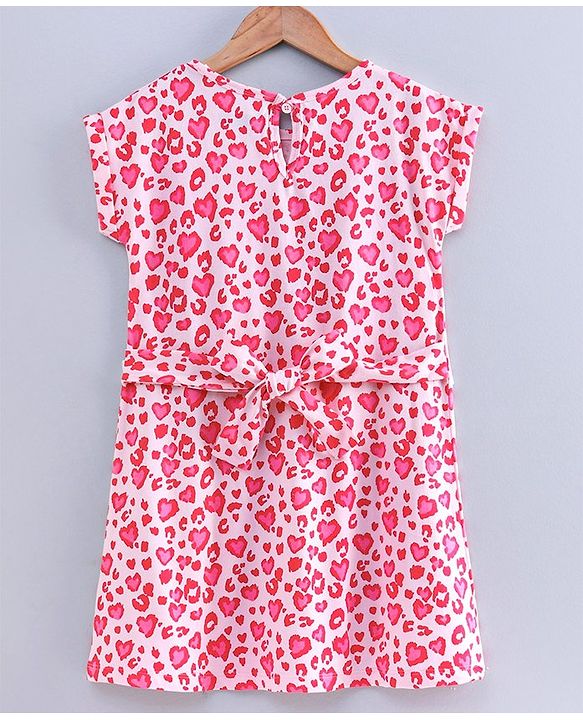 Pine Kids Short Sleeves Knee Length Biowashed Frock Heart Print - Pink