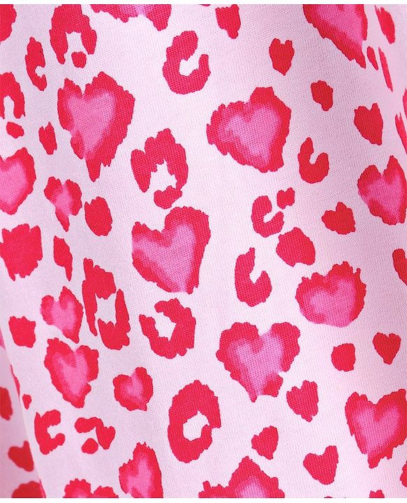 Pine Kids Short Sleeves Knee Length Biowashed Frock Heart Print - Pink