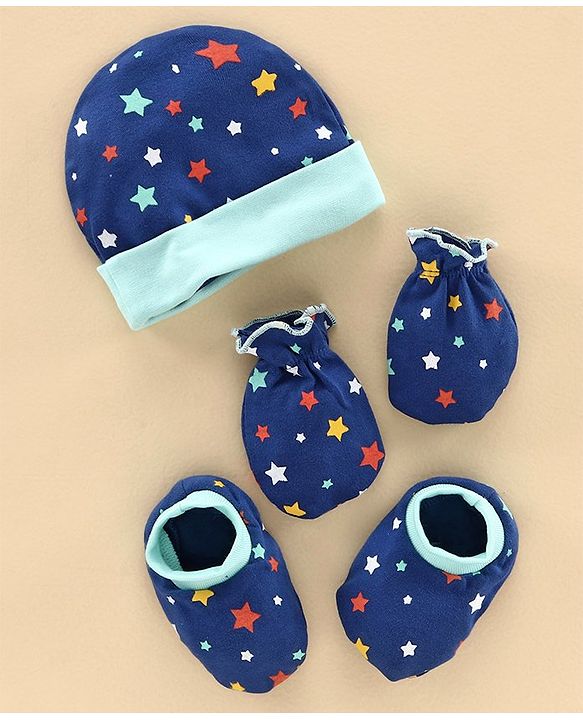 Babyhug 100% Cotton Cap Mitten and Booties Set Blue - Diameter 11 cm