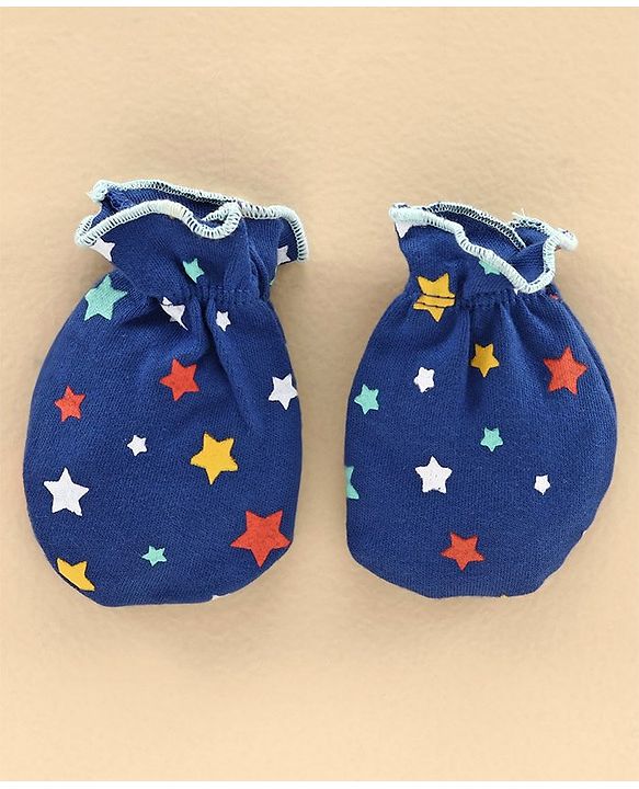 Babyhug 100% Cotton Cap Mitten and Booties Set Blue - Diameter 11 cm