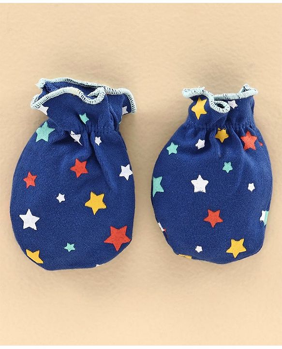 Babyhug 100% Cotton Cap Mitten and Booties Set Blue - Diameter 11 cm