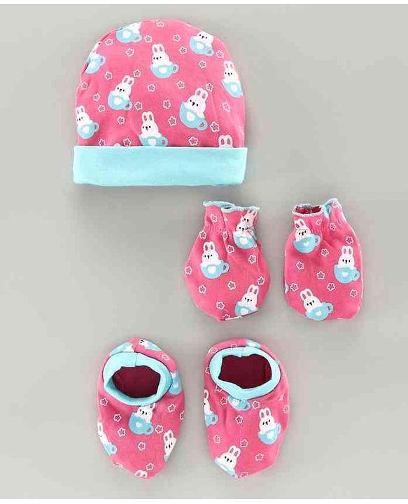 Babyhug 100% Cotton Cap Mitten & Booties Set Bunny Print Pink - Diameter 9.5 cm