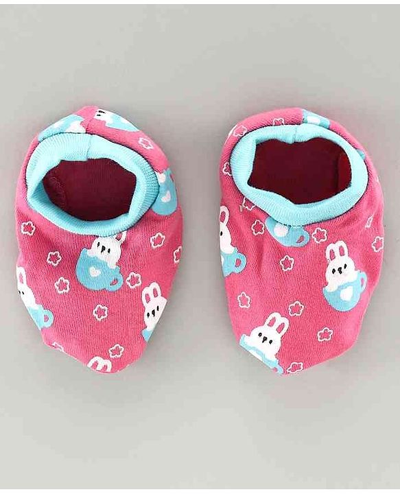 Babyhug 100% Cotton Cap Mitten & Booties Set Bunny Print Pink - Diameter 9.5 cm
