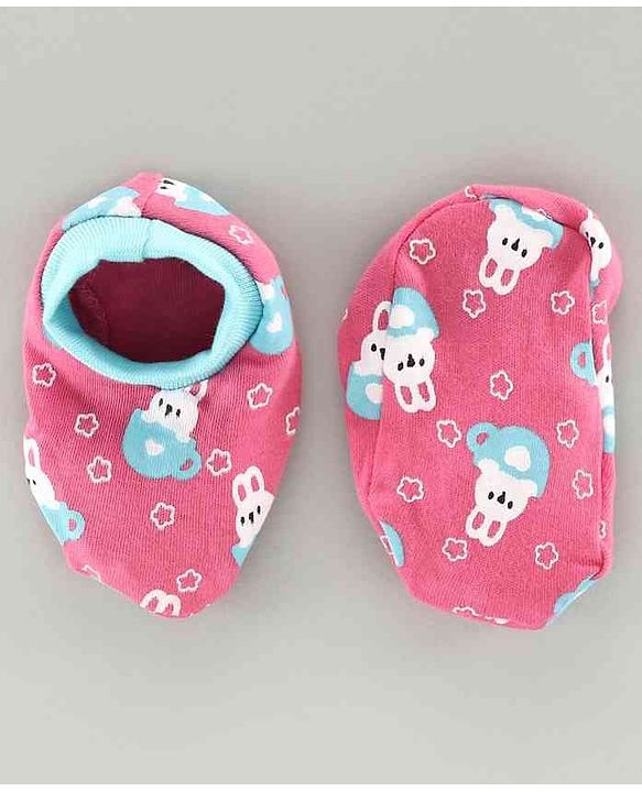 Babyhug 100% Cotton Cap Mitten & Booties Set Bunny Print Pink - Diameter 9.5 cm