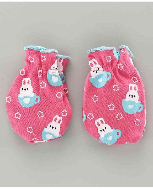 Babyhug 100% Cotton Cap Mitten & Booties Set Bunny Print Pink - Diameter 9.5 cm