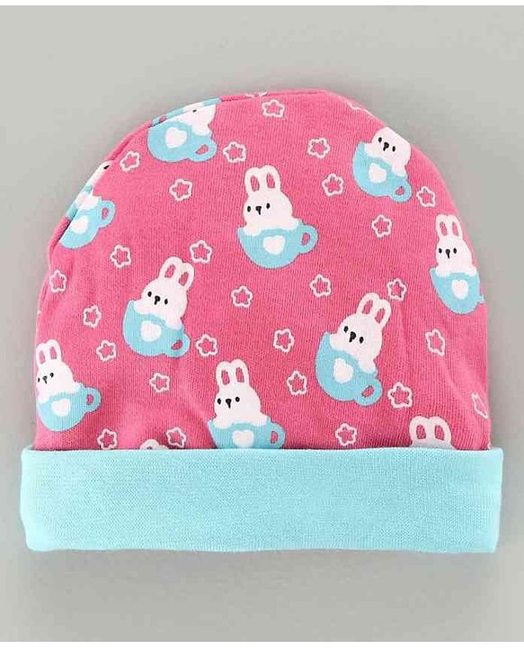 Babyhug 100% Cotton Cap Mitten & Booties Set Bunny Print Pink - Diameter 9.5 cm