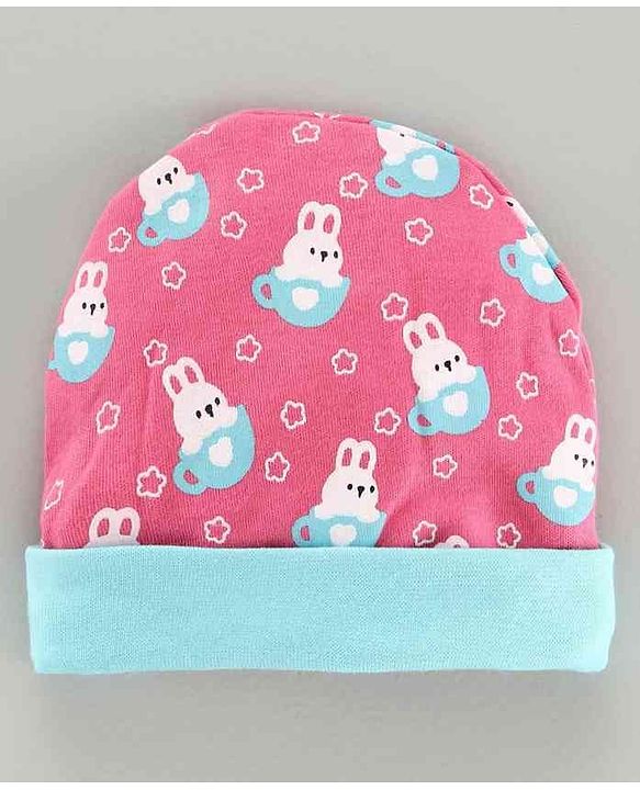 Babyhug 100% Cotton Cap Mitten & Booties Set Bunny Print Pink - Diameter 9.5 cm