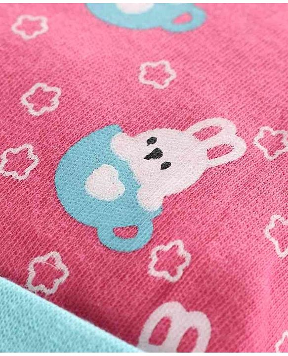 Babyhug 100% Cotton Cap Mitten & Booties Set Bunny Print Pink - Diameter 9.5 cm