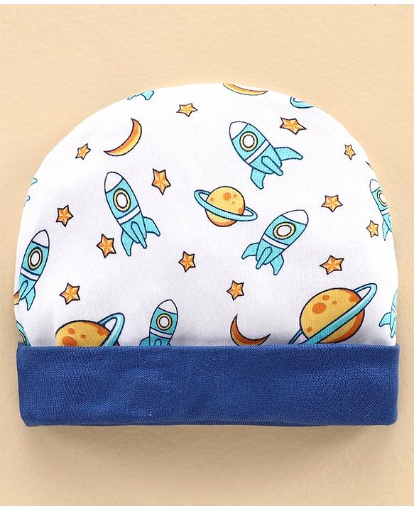 Babyhug 100% Cotton Cap & Mitten With Booties Set Space Print - Diameter 11 cm