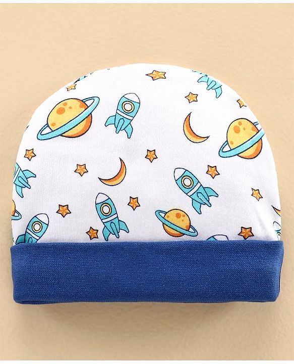 Babyhug 100% Cotton Cap & Mitten With Booties Set Space Print - Diameter 11 cm