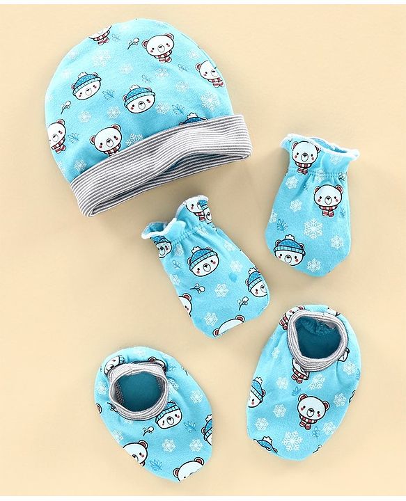 Babyhug 100% Cotton Cap Mitten & Bootie Set Teddt Print Blue - Diameter 10 cm
