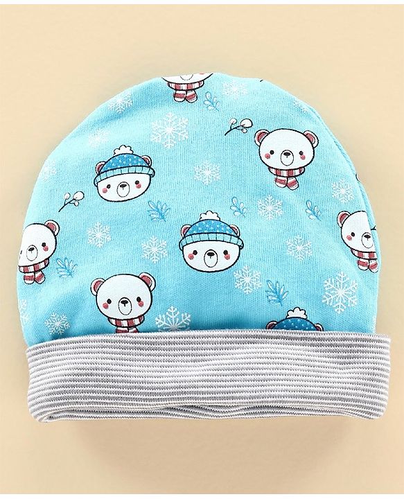 Babyhug 100% Cotton Cap Mitten & Bootie Set Teddt Print Blue - Diameter 10 cm