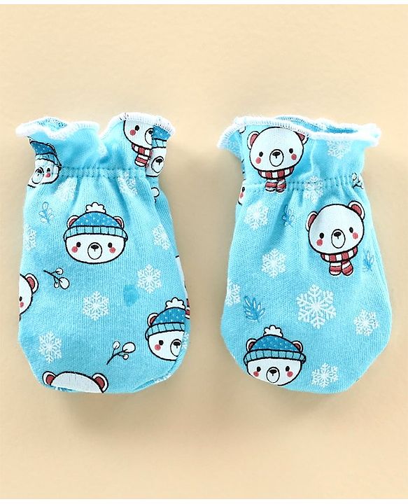 Babyhug 100% Cotton Cap Mitten & Bootie Set Teddt Print Blue - Diameter 10 cm