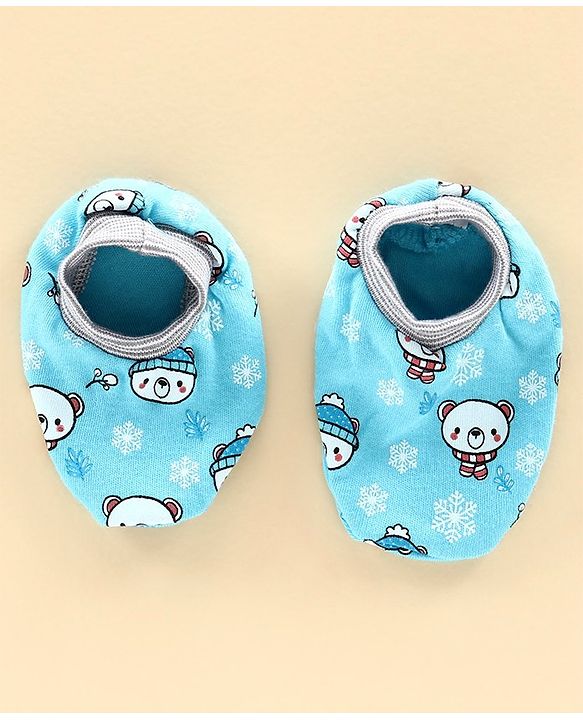 Babyhug 100% Cotton Cap Mitten & Bootie Set Teddt Print Blue - Diameter 10 cm