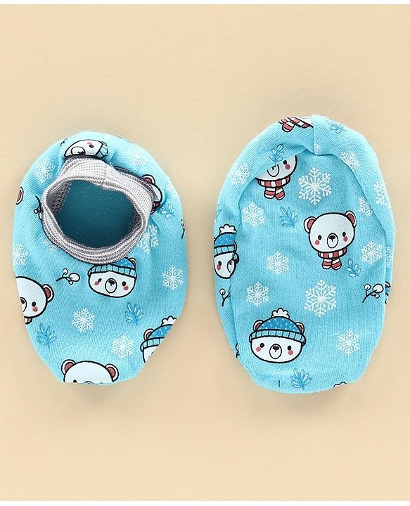 Babyhug 100% Cotton Cap Mitten & Bootie Set Teddt Print Blue - Diameter 10 cm