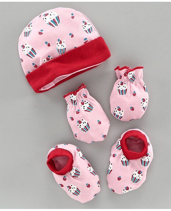 Babyhug 100% Cotton Cap Mitten and Booties Set Pink - Diameter 10 cm