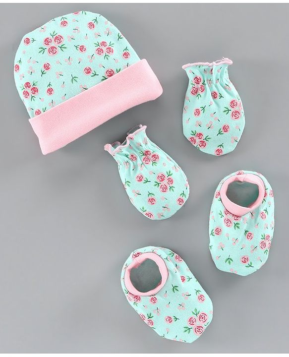 Babyhug 100% Cotton Cap Mitten and Booties Set Blue - Diameter 10 cm