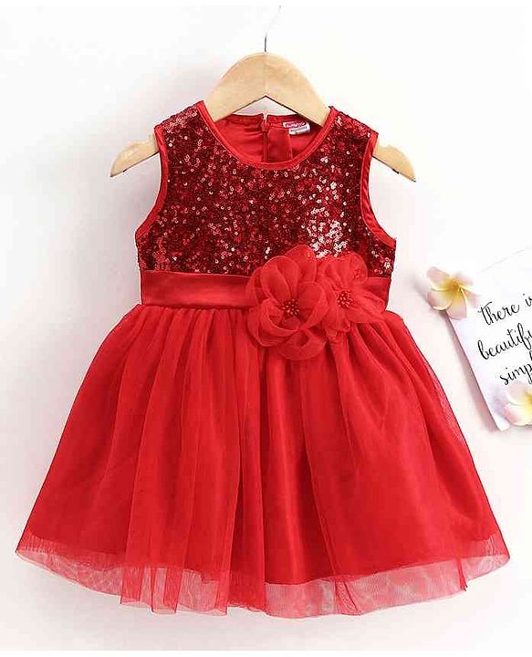 Babyhug Sleeveless Party Wear Frock with Reversible Sequins - Red