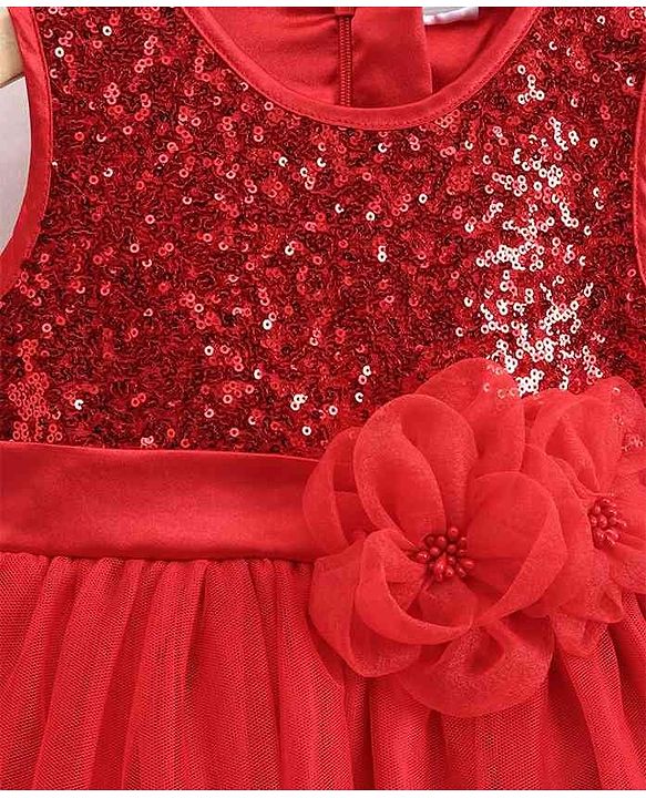 Babyhug Sleeveless Party Wear Frock with Reversible Sequins - Red