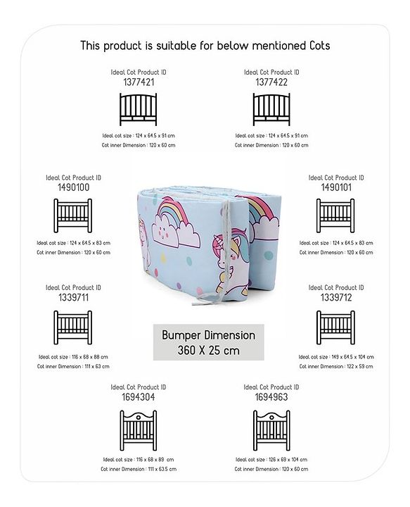 Babyhug 100% Cotton Cot Bumper Unicorn Print Regular - Blue (Cot not Included)