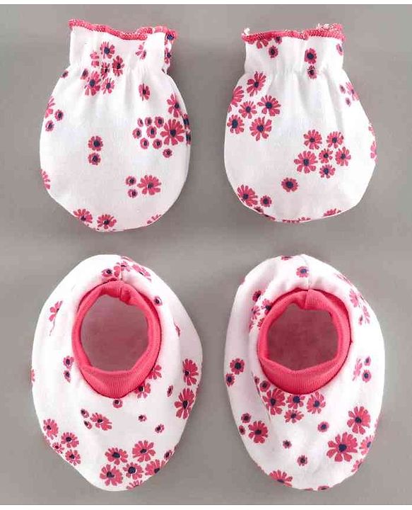 Babyhug 100% Cotton Mittens & Booties Set Floral Print - White Pink