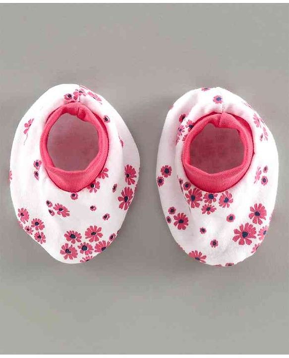 Babyhug 100% Cotton Mittens & Booties Set Floral Print - White Pink