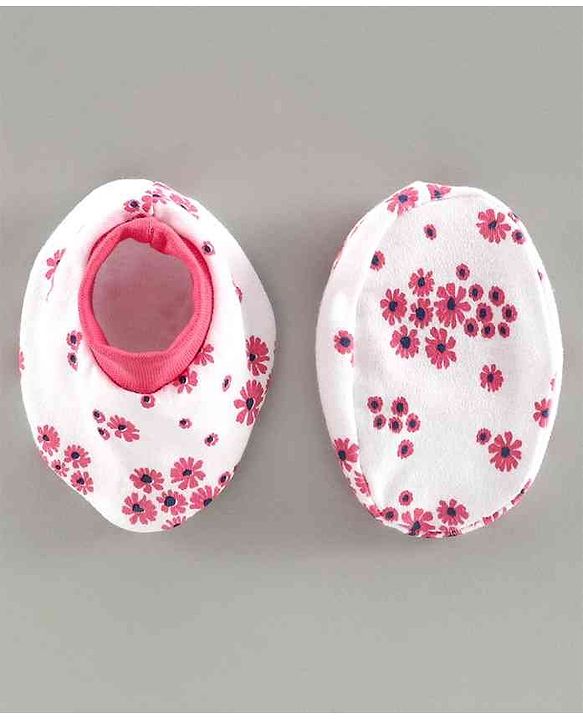 Babyhug 100% Cotton Mittens & Booties Set Floral Print - White Pink