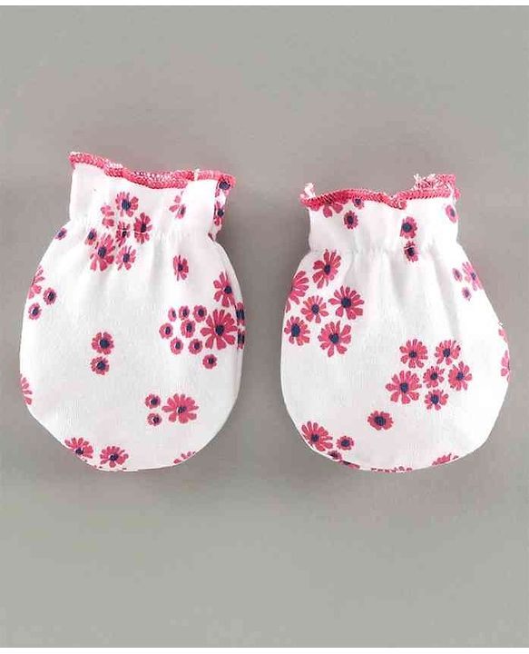 Babyhug 100% Cotton Mittens & Booties Set Floral Print - White Pink