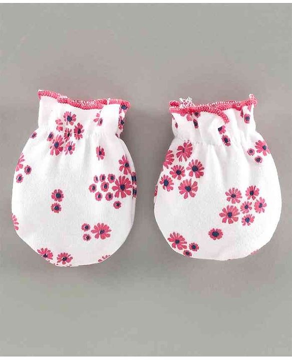 Babyhug 100% Cotton Mittens & Booties Set Floral Print - White Pink