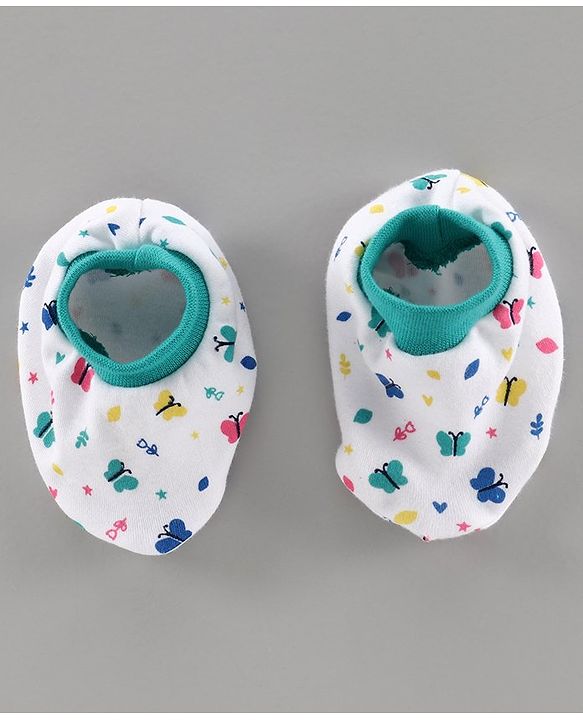 Babyhug 100% Cotton Mittens & Booties Set Floral Print - White Green