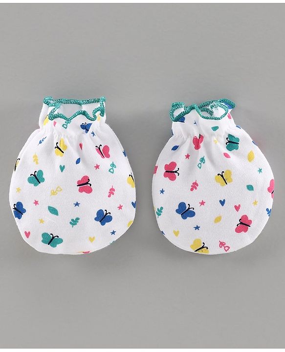 Babyhug 100% Cotton Mittens & Booties Set Floral Print - White Green