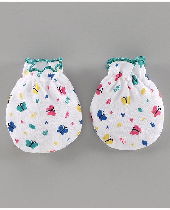 Babyhug 100% Cotton Mittens & Booties Set Floral Print - White Green