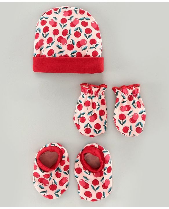 Babyhug 100% Cotton Cap Mittens & Booties Set Cherry Print Pink - Diameter 8 cm