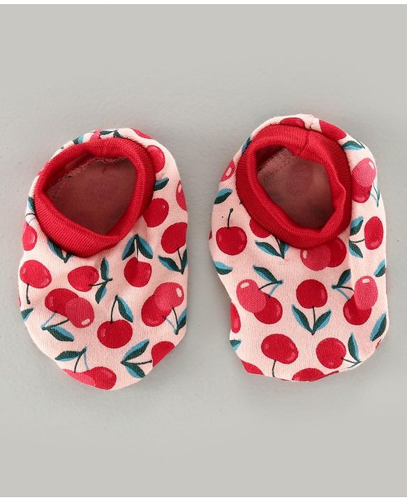 Babyhug 100% Cotton Cap Mittens & Booties Set Cherry Print Pink - Diameter 8 cm
