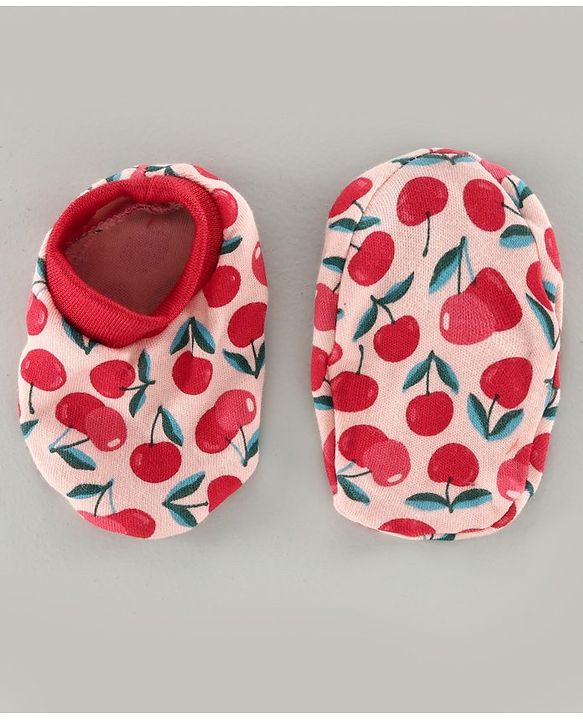 Babyhug 100% Cotton Cap Mittens & Booties Set Cherry Print Pink - Diameter 8 cm