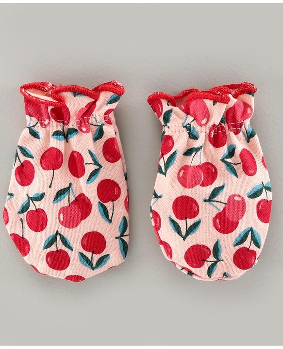 Babyhug 100% Cotton Cap Mittens & Booties Set Cherry Print Pink - Diameter 8 cm