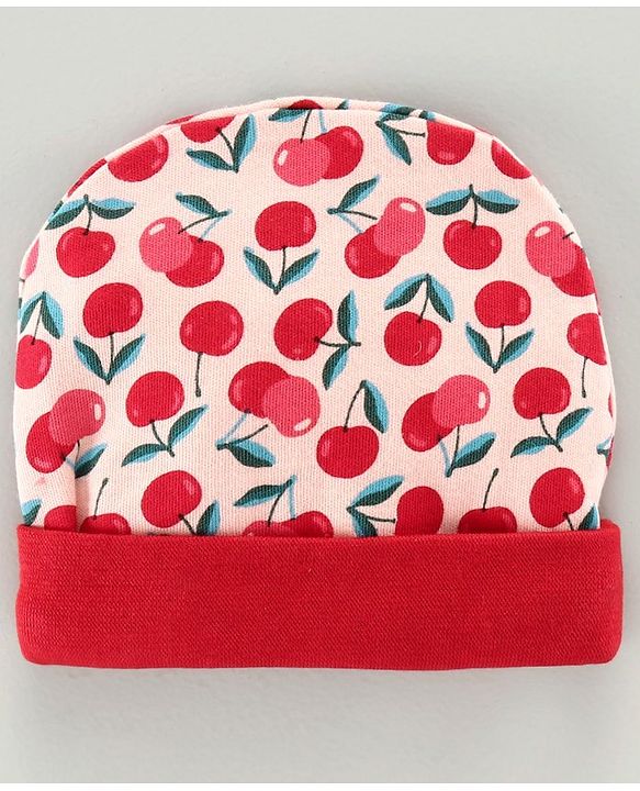 Babyhug 100% Cotton Cap Mittens & Booties Set Cherry Print Pink - Diameter 8 cm